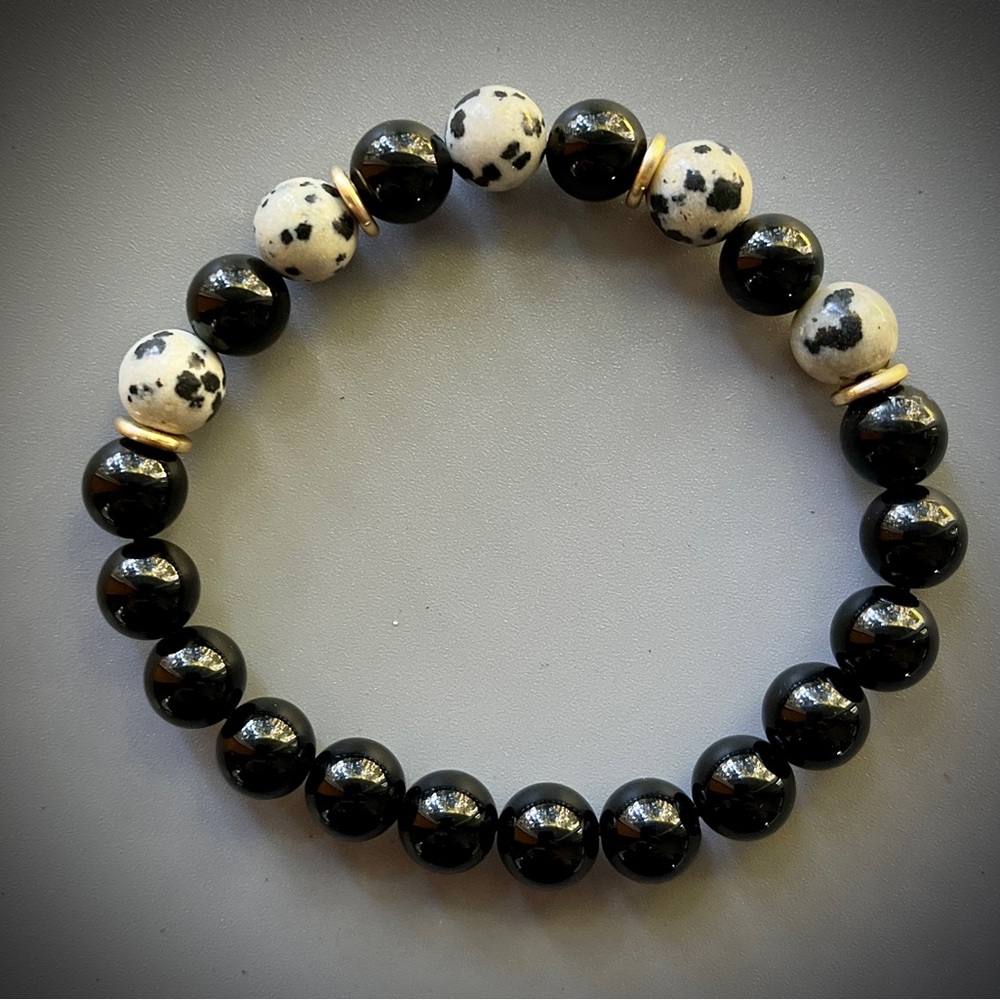 Dalmatian Jasper and Black Obsidian Handcrafted Bead Bracelet